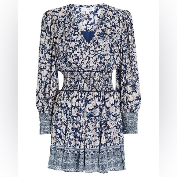 855 Intermix Lana Floral Smocked Mini Dress Size 2 Color Blue - Picture 4 of 11